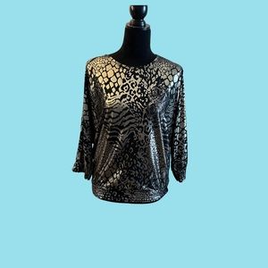 Cindy Collins Vintage Round Neck Batwing Sleeve Gold and Black Blouse Sz Medium